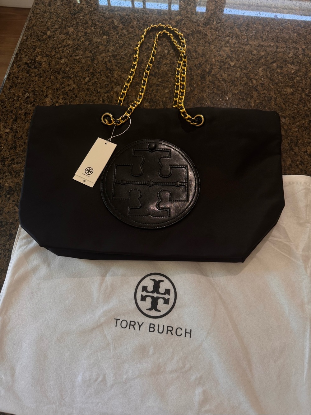 Tory Burch Black Tote with Gold Chain Straps